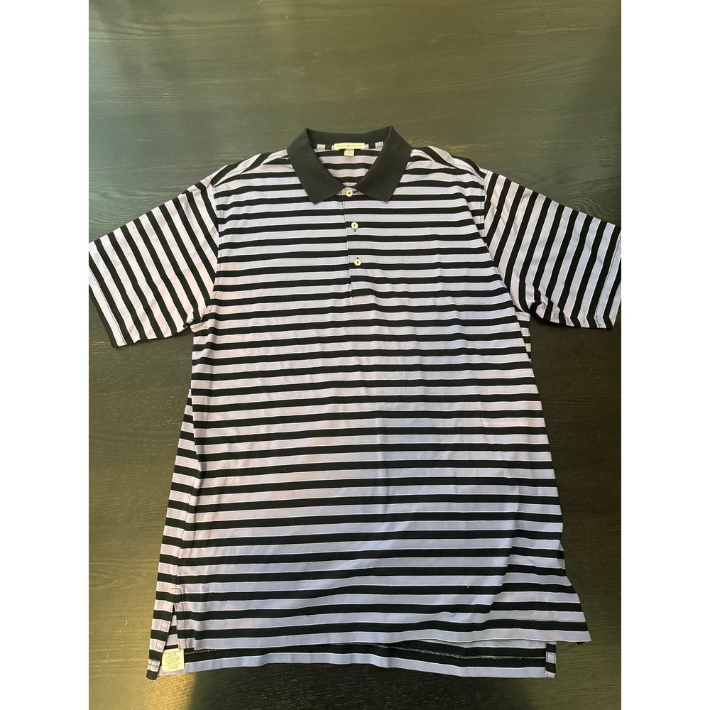Peter Millar Mens Large Purple Black Striped Cotton Short Sleeve Polo Shirt